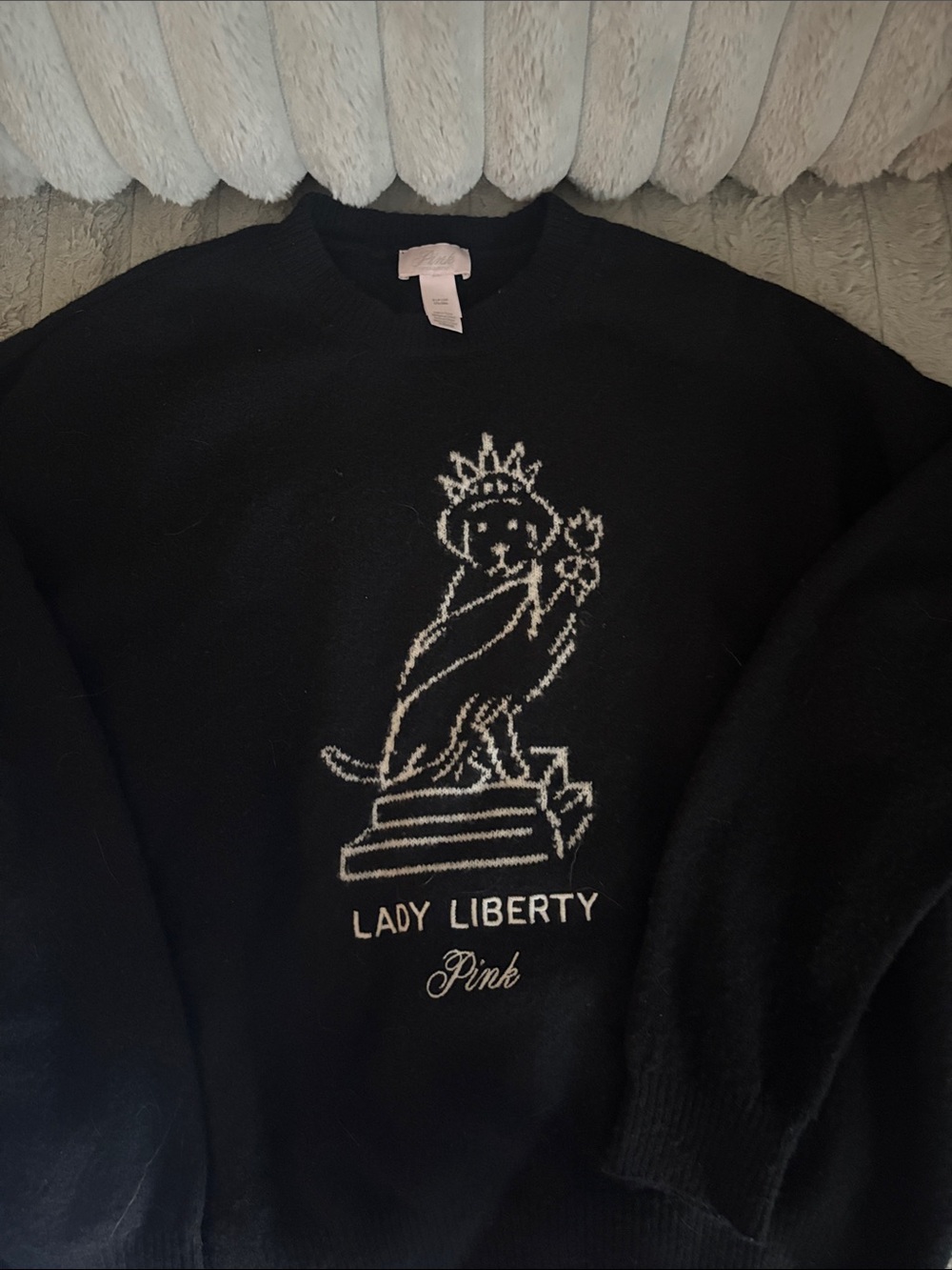 PINK Victoria's Secret Black Crewneck Sweater with White Lady Liberty Graphic